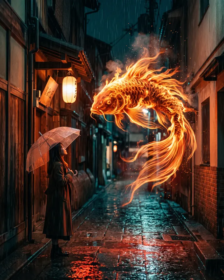 Fire koi in the rain